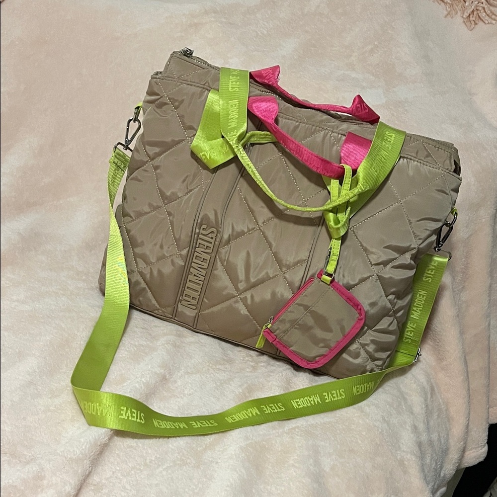 Steve Madden Quilted Travel Tote in Taupe with Neon Green and Hot Pink Trim